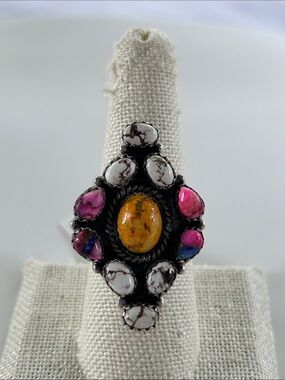 Southwest Style Brushed Sterling Silver Multi-Stone Adjustable Statement Ring